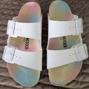 Birkenstock Arizona White Sandals with Rainbow Foot Bed Size 37